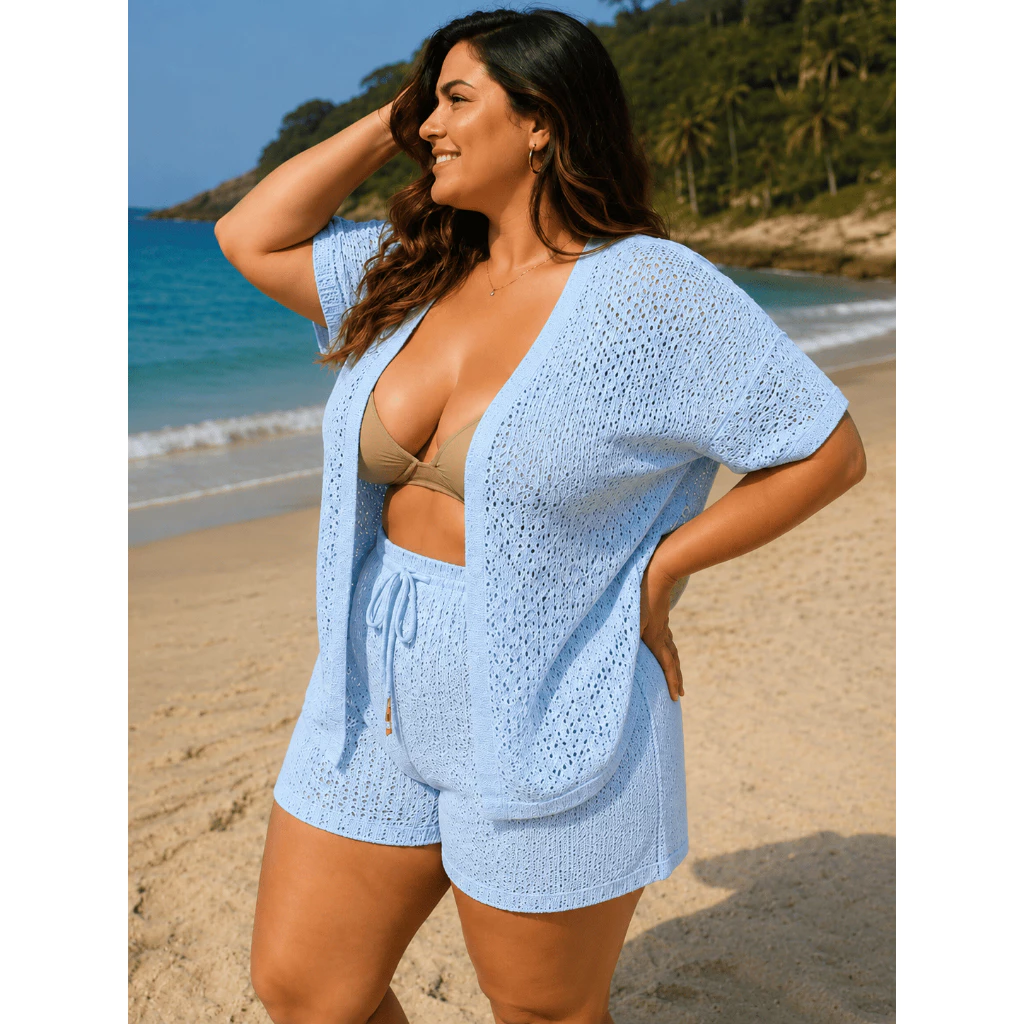 Conjunto Saída de Praia Short + Cardigan Tricot Linha Verão Plus Size