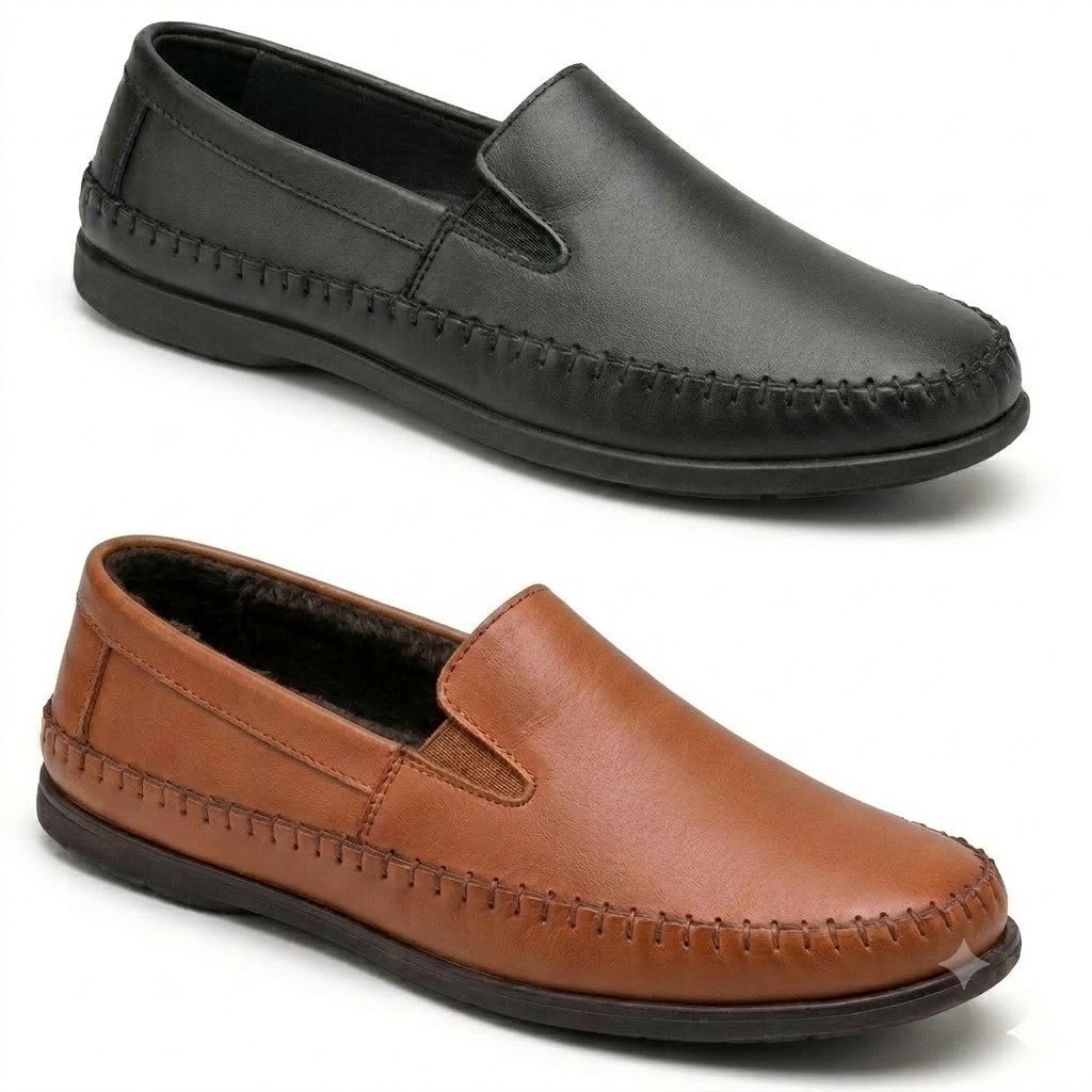 KIT COM 2 PARES-Mocassim Masculino de Couro Ecológico e Confortável – Sapato Casual Elegante e Leve - Preto e Caramelo