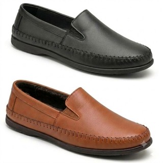 KIT COM 2 PARES-Mocassim Masculino de Couro Ecológico e Confortável – Sapato Casual Elegante e Leve - Preto e Caramelo