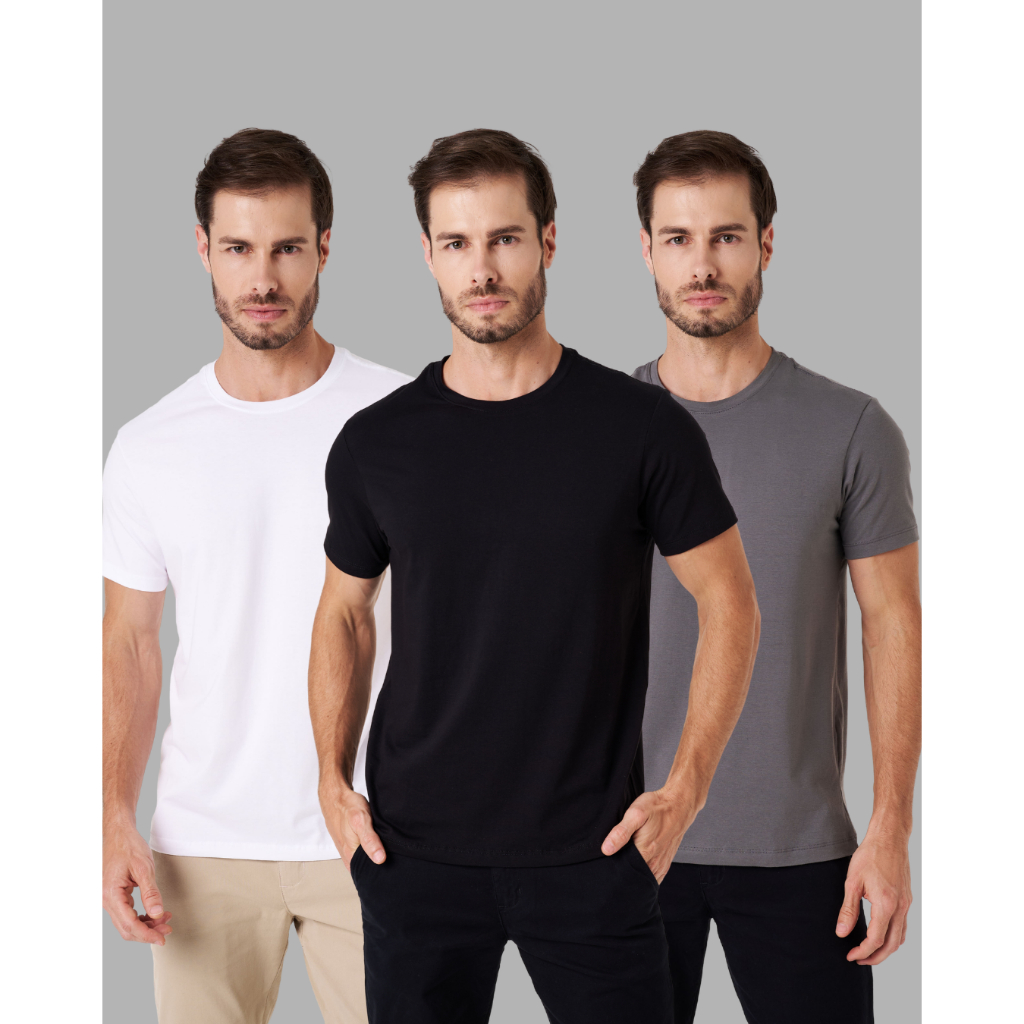Kit 3 Camisetas Algodão Egípcio Premium - Masculina Slim Lisa Básica Combo 3 Unidades Não Desbota - Branca/Preta/Cinza