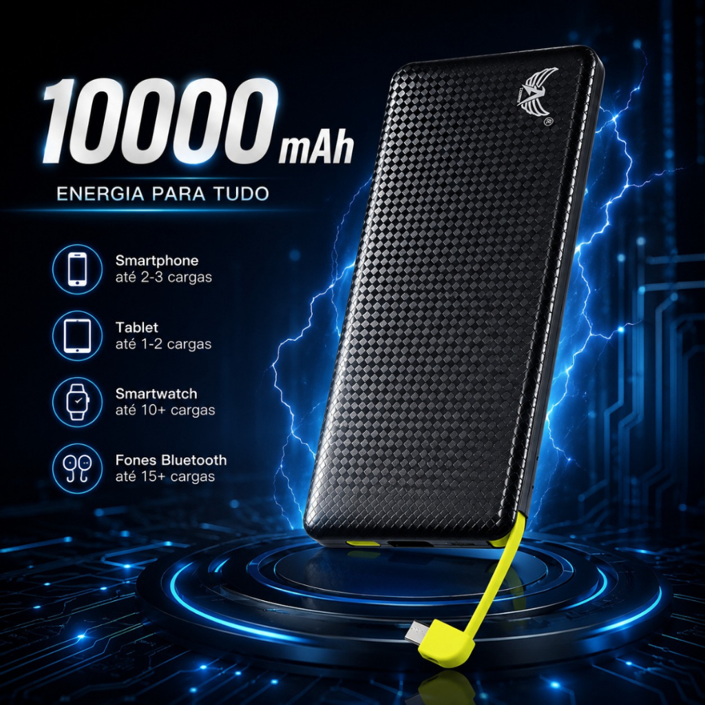 Power Bank Carregador Portátil 10000mAh PN-95 Cabo Integrado Carga Rápida USB
