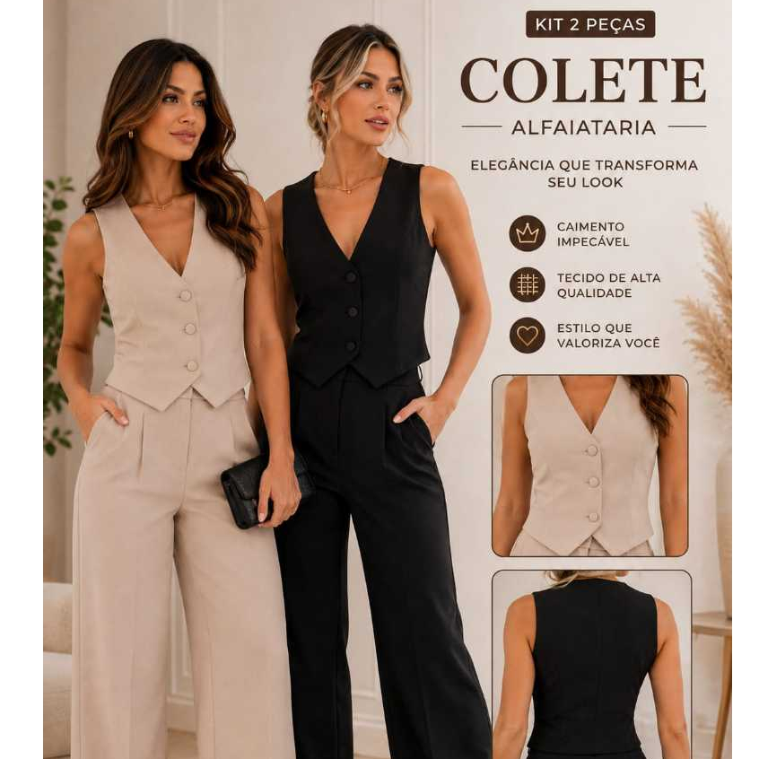 Kit 2 Colete Feminino Alfaiataria Curto e Forrado com Botão Encapado