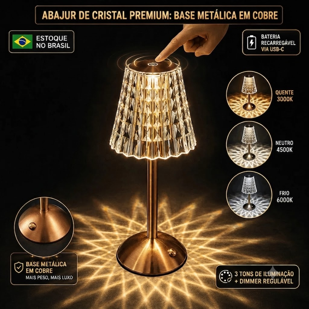 Luminária de Mesa 3 Tons Abajur Cristal Candeeiro Cabeceira LED Recarregável Decoração Sala Quarto