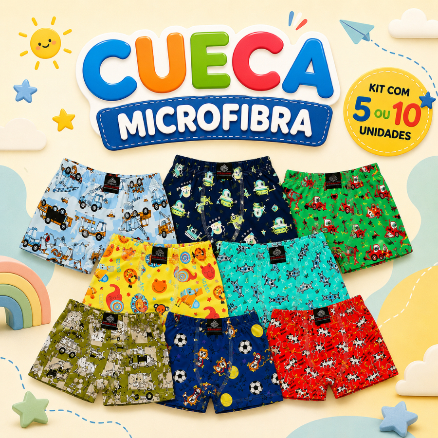 KIT CUECA BOX BOXER INFANTIL MENINO CRIANÇA ESTAMPADA PERSONAGENS CONFORTÁVEL CUECA MICROFIBRA