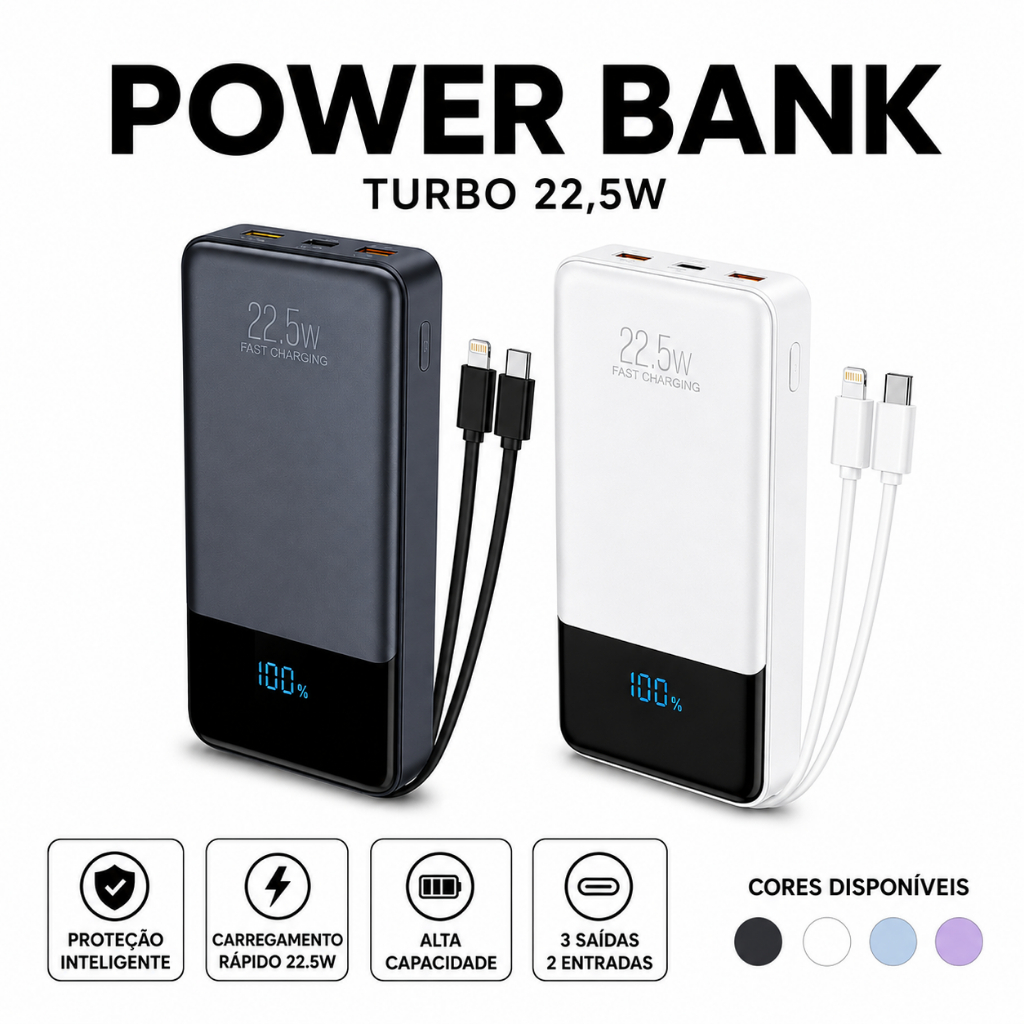 Power Bank Turbo 20000mAh 22.5W Carregador Portátil Premium iPhone Xiaomi Samsung Fast Charge