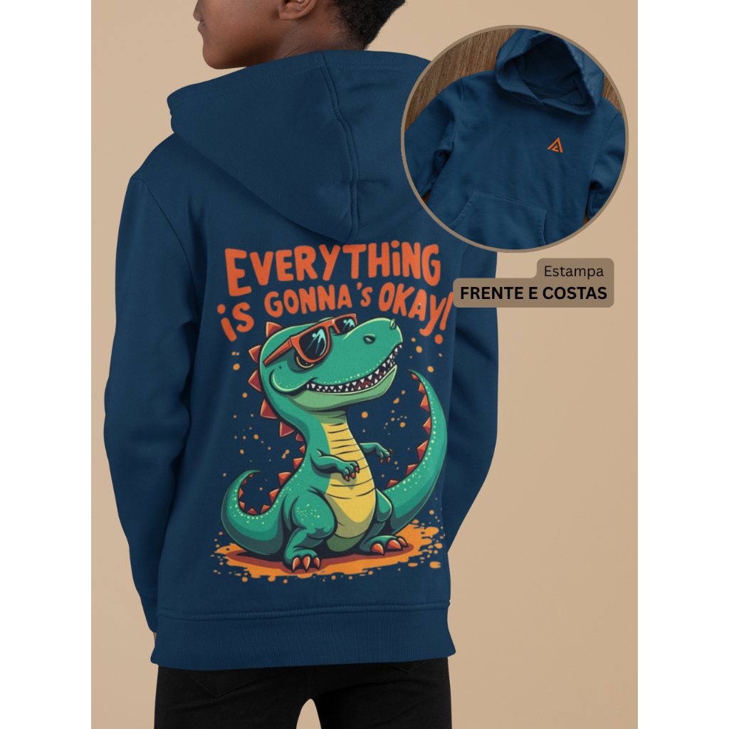 Moletom Infantil Masculino Estampa Frente e Costas Dinossauro Blusa de Frio com Capuz e Bolso Crianças Menina e Menino
