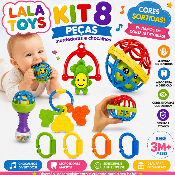 Kit 8 Mordedores Sensoriais para Bebê com Chocalho