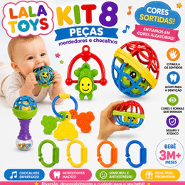Kit 8 peças Mordedor para Bebe Sensorial Macio com Chocalho
