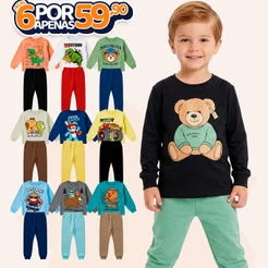 Kit Sortido 6 Peças de Roupas Masculino Infantil Inverno Meia Estação – 3 camisas manga longa + 3 calças de Moletom