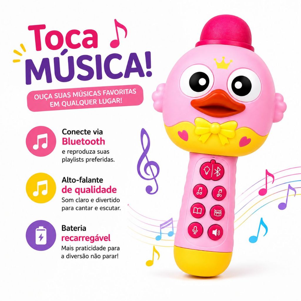Microfone Infantil Bluetooth Recarregável com Luz LED Música Gravação Histórias Brinquedo Educativo