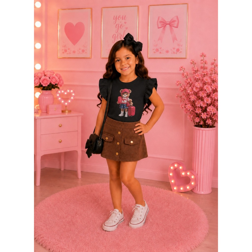 Conjunto 2 Peças Infantil Menina Blusa Cropped e Short Saia Cotelê Moda Bloguerinha Verão Dia a Dia Primavera Calor