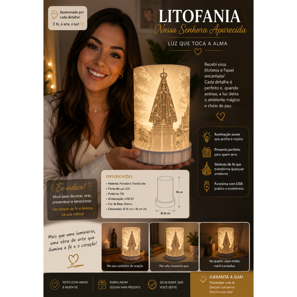 Luminária Litofania Nossa Senhora Aparecida LED USB 3D Presente Religioso Decoração Católica