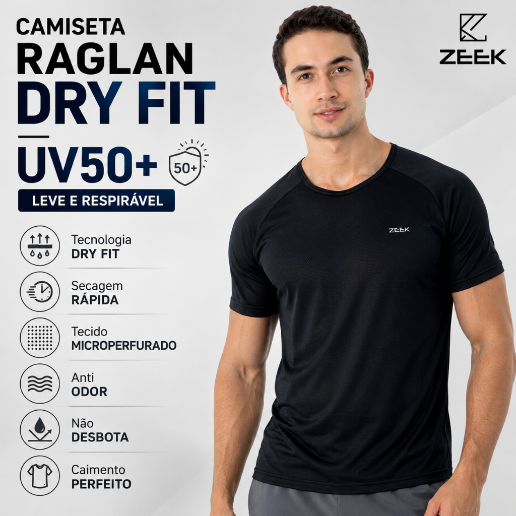 Camiseta Dry Fit Masculina UV50+ Academia Corrida Treino Raglan Respirável Leve