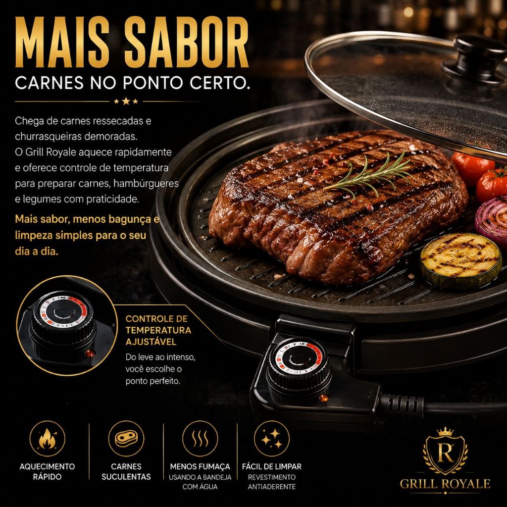 Grill Elétrico Redondo 220V 1200W com Termostato Ajustável Antiaderente Grill Royale