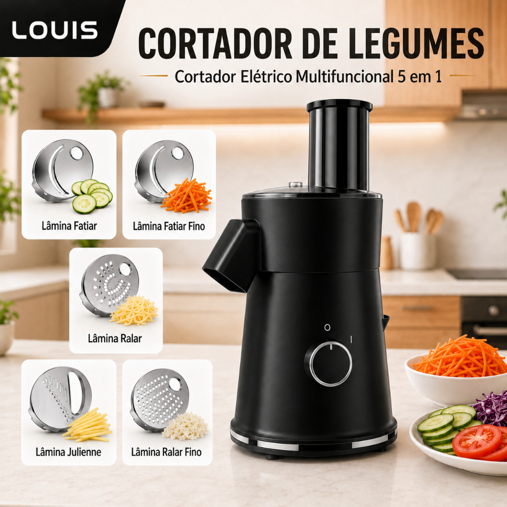 Cortador de Legumes Elétrico 5 em 1 Ralador Fatiador Processador de Alimentos Bocal 80mm