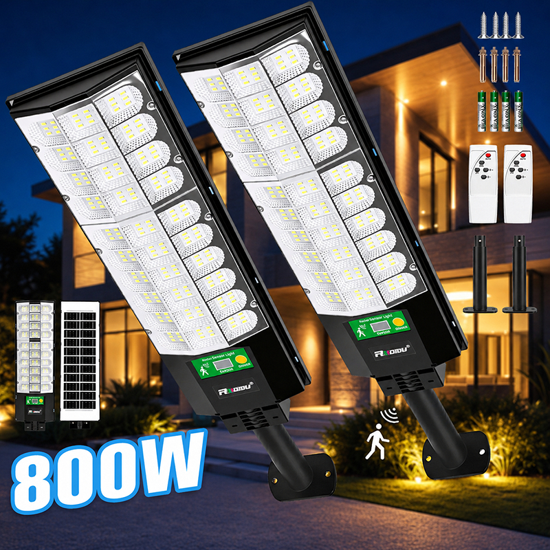 2PCS lâmpada solar 800W recarregável Sensor de movimento luminária solar externa