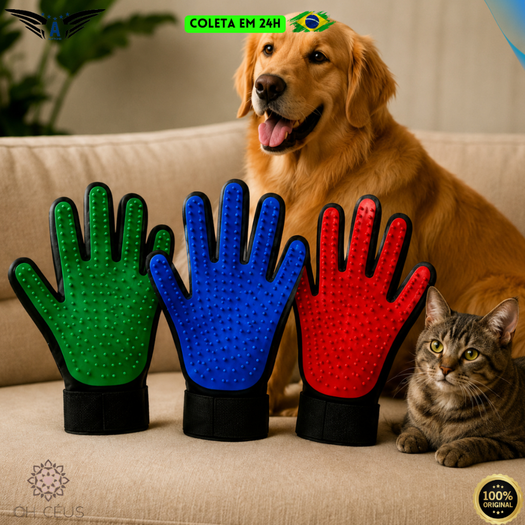 Luva Tira Pelos Pet ÓH CÉUS Cães Gatos Mão Direita Velcro Escovar Massagear