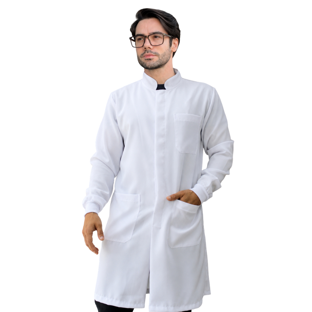 Jaleco Masculino Oxford Branco, Botão Embutido, Gola Padre, Com Punho, Manga Longa