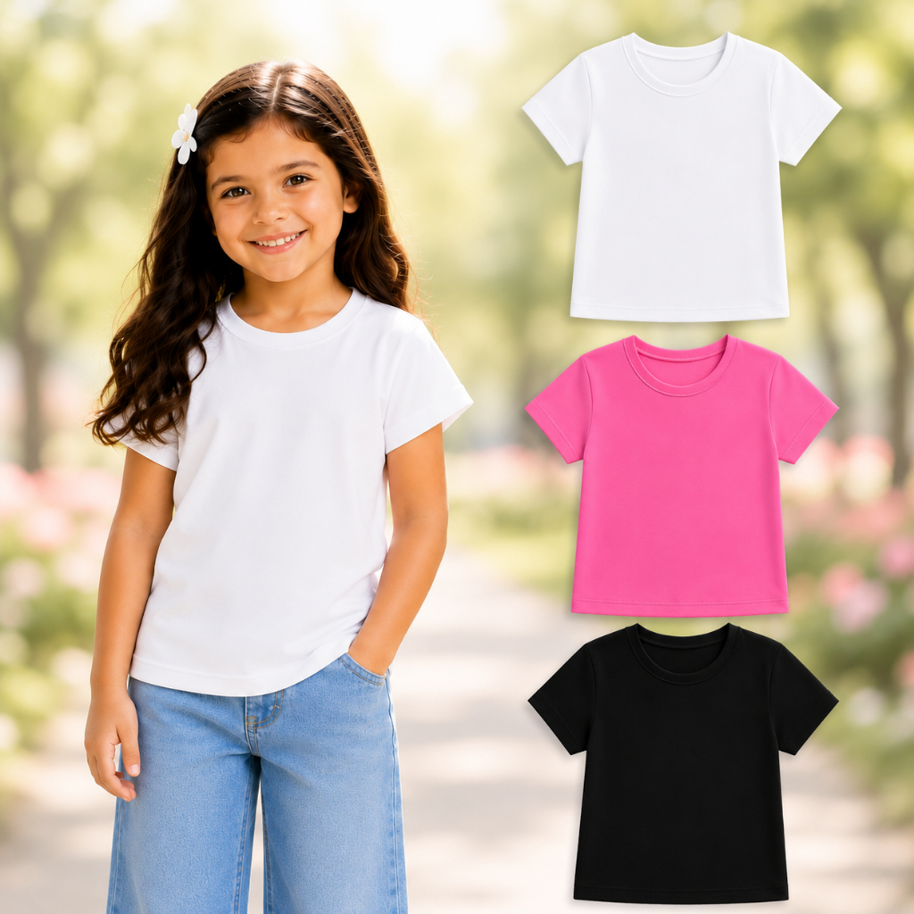 Kit 3 ou 1 Blusa Infantil Menina Verão Básica Confortável Algodão Cotton Manga Curta