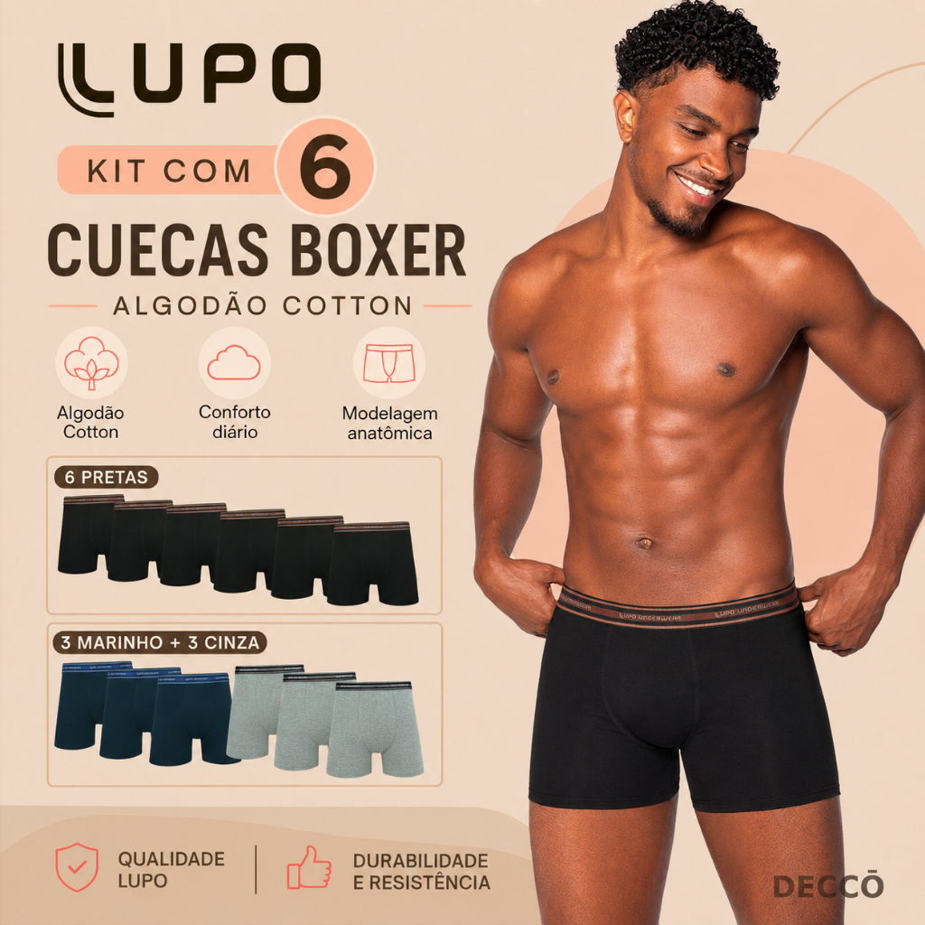 Kit Com 6 Cuecas Lupo Boxer Box Algodao Masculina Confortavel Elasticidade Origi