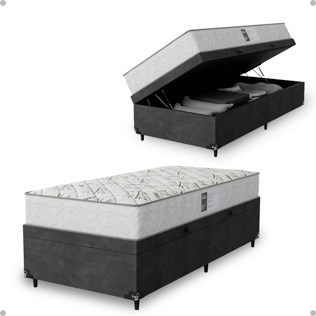Cama Baú Solteiro Suede Cinza + Colchão D33 One Face Branco- e-Shop Casa