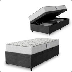 Cama Baú Solteiro Suede Cinza + Colchão D33 One Face Branco- e-Shop Casa