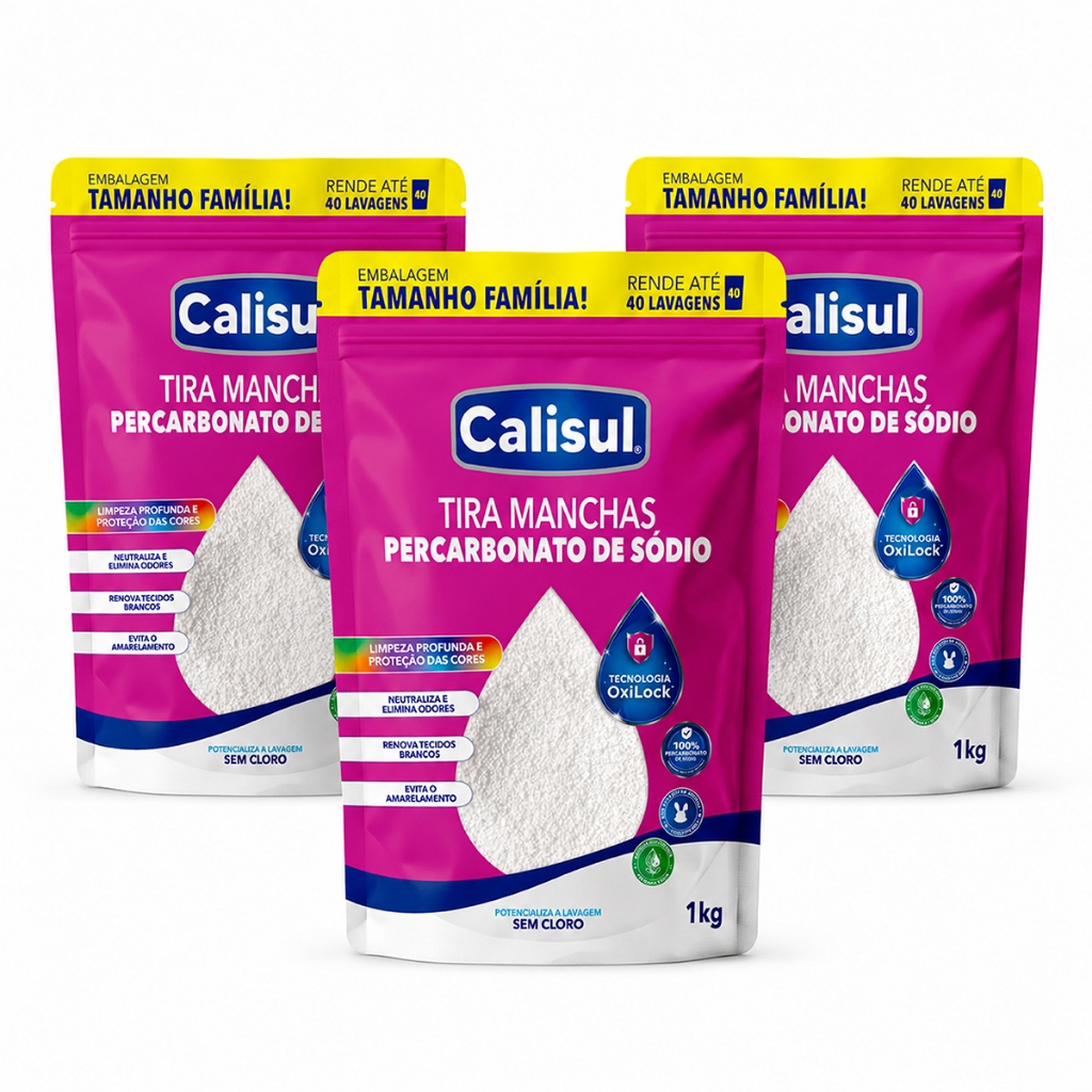 Kit 3 un. Percarbonato de Sódio Calisul 1Kg Clareador Sem Cloro Oxigênio Ativo Para Roupas e Limpeza