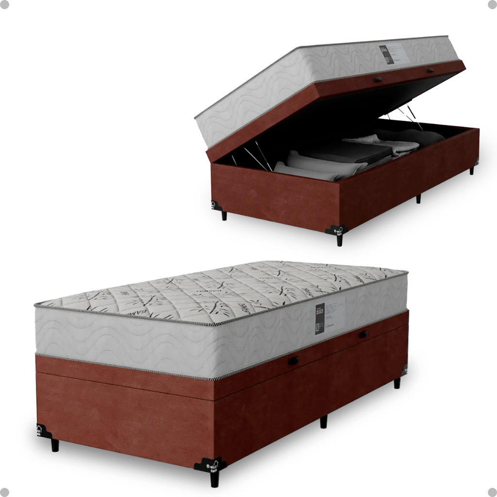 Cama Baú Solteiro Suede Marrom + Colchão D33 One Face Branco- e-Shop Casa