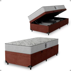 Cama Baú Solteiro Suede Marrom + Colchão D33 One Face Branco- e-Shop Casa