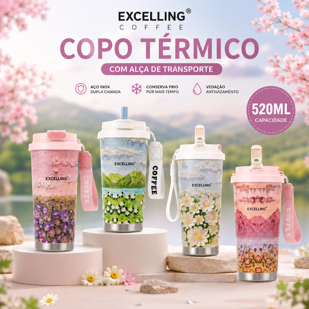 Copo Térmico Inox Estampa Floral 3D-5D Coffee 520ml Alça Transporte Quente/Frio EXCELLING -EX-509