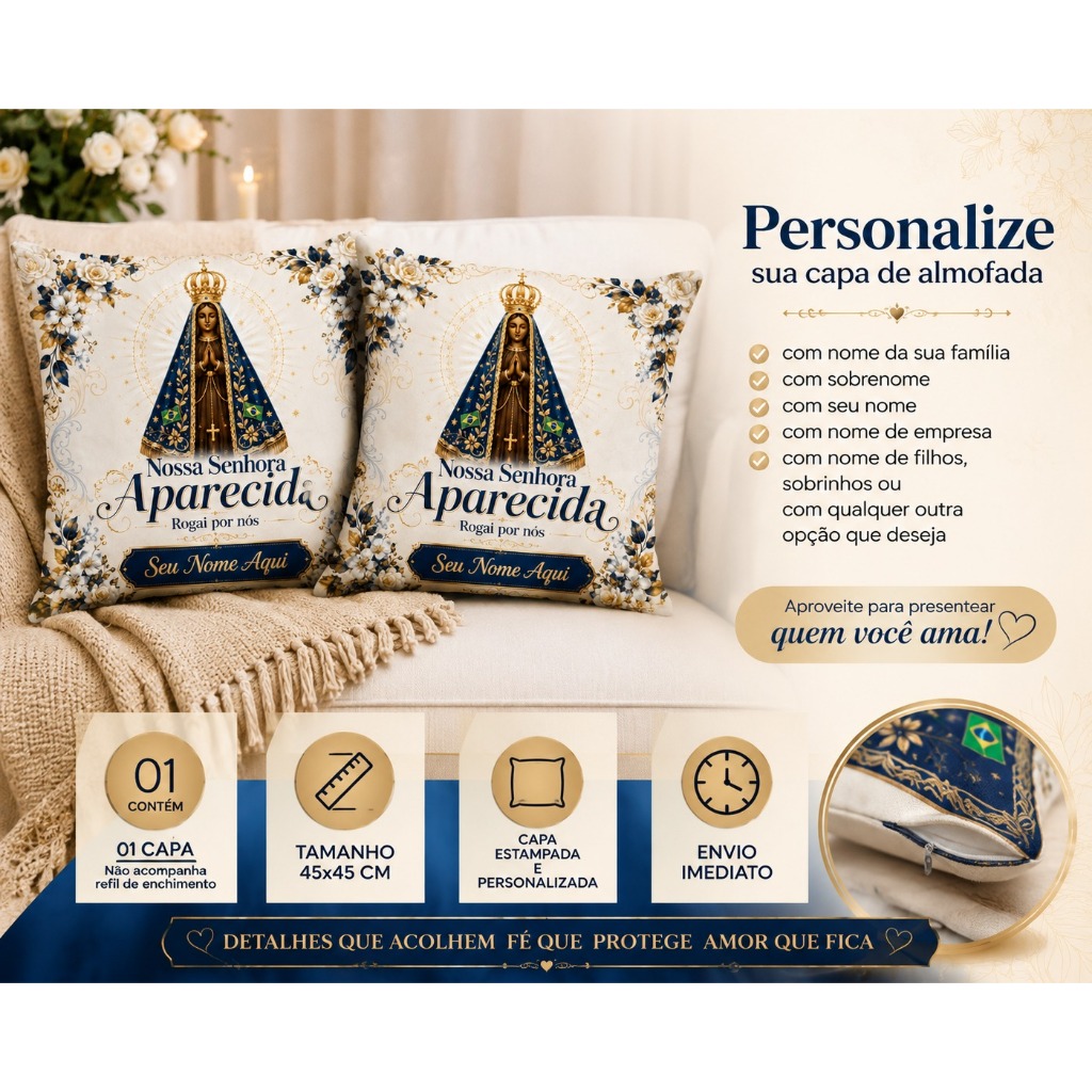 Capa de Almofadas Nossa Senhora Aparecida Personalizada Nome 45cm Estampada — imagem 2 de 2