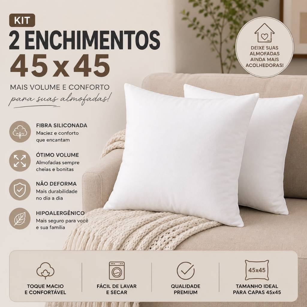 Kit 2 Almofada Refil Enchimento 45x45 Para Sofá Lavável Extra Conforto Antialérgico - Envio Imediato