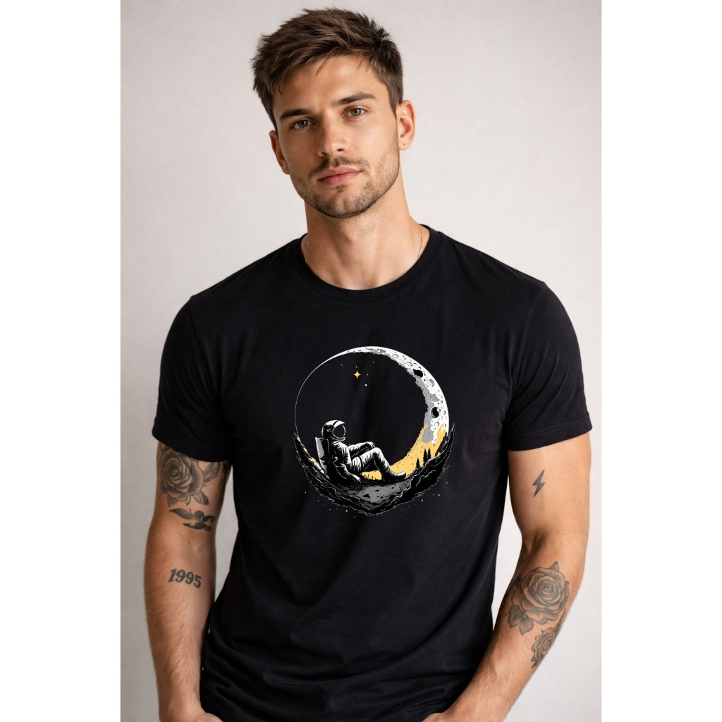 Camiseta Masculina Camisa Unissex Algodão Estampada Lua Astronauta Básica Lançamento