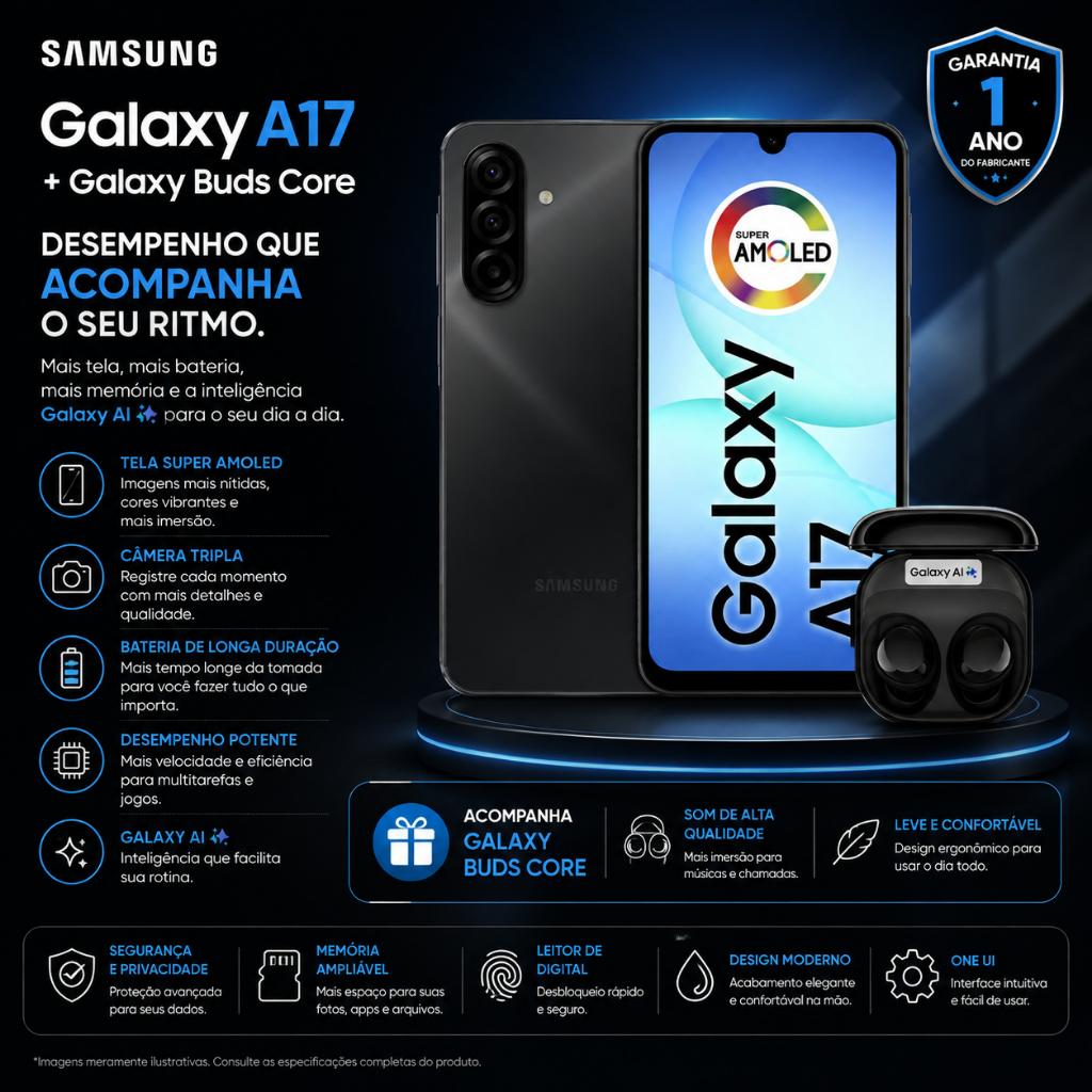 Kit Samsung Galaxy A17 + Galaxy Buds Core Preto Fone Bluetooth