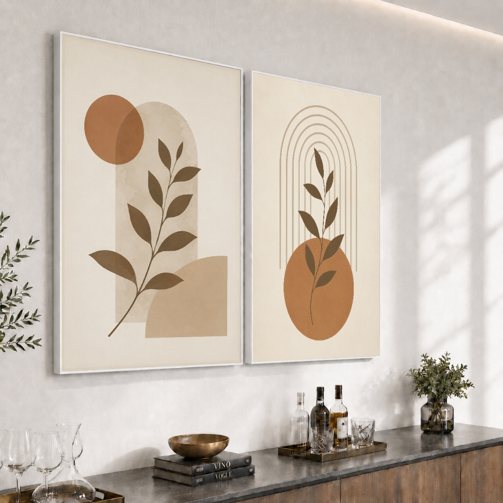 Kit 2 Quadros Decorativos Boho Botânico Terracota com Moldura para Sala Quarto