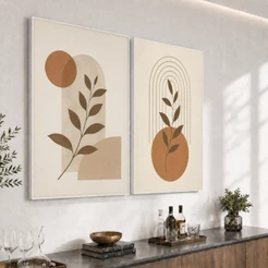 Kit 2 Quadros Decorativos Boho Botânico Terracota com Moldura para Sala Quarto