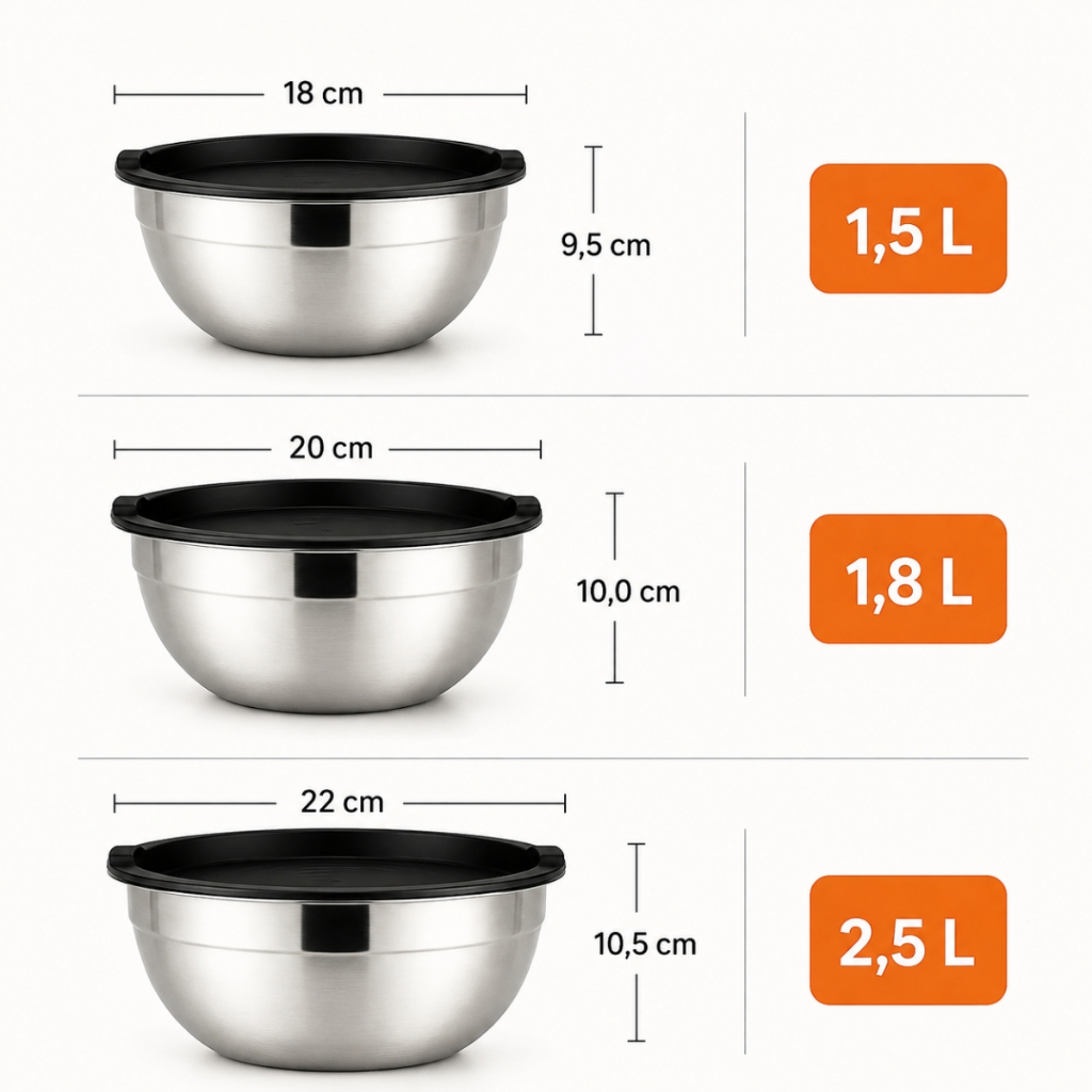 Bowl Inox com Tampa Tigela Saladeira Pote Aço Inox Empilhável Cozinha Kit 3 ou 5 Peças Pratitudo · foto 2