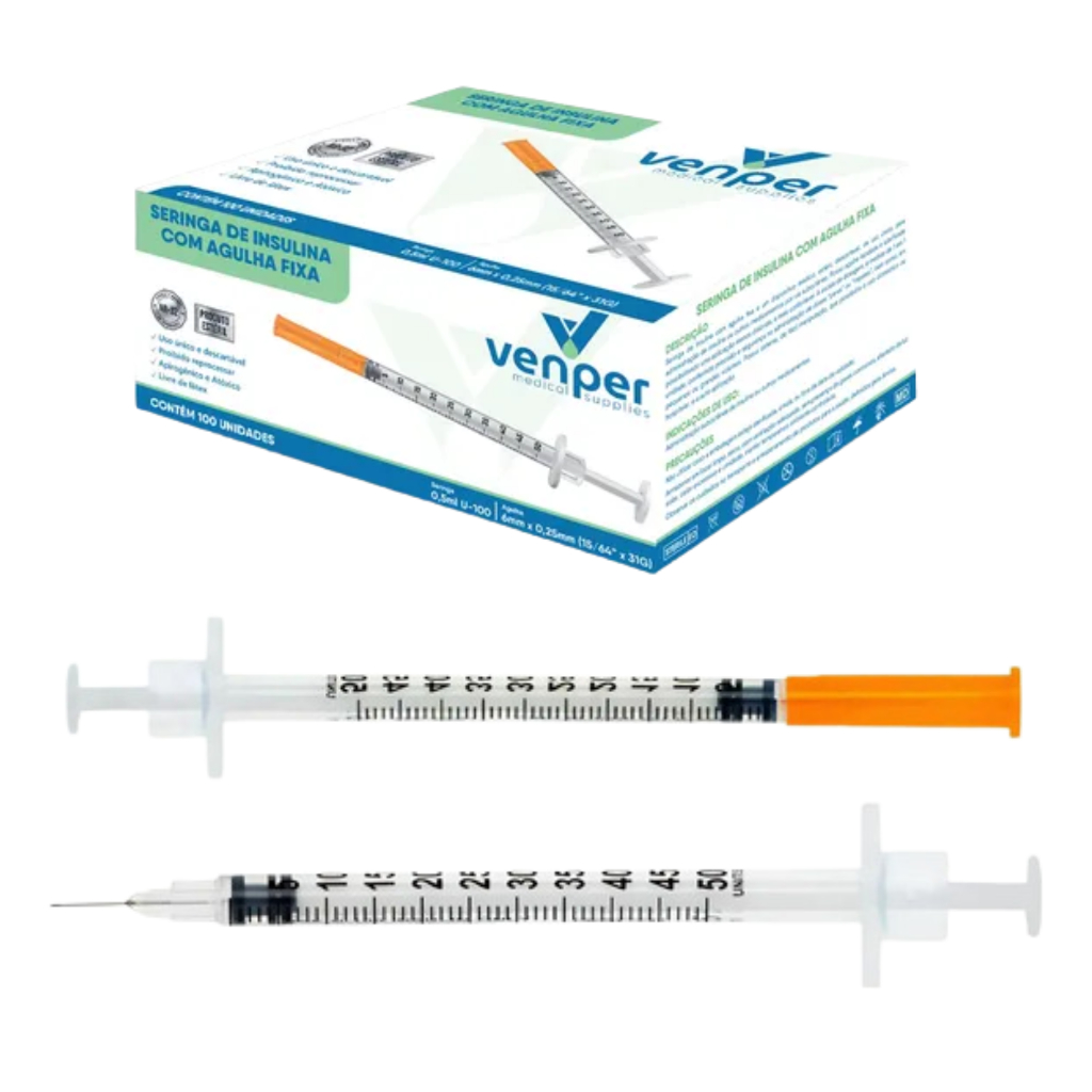 Kit 20un Seringa de Insulina com Agulha Fixa 0,5ml 0,25mm x 6mm 31G - Venper