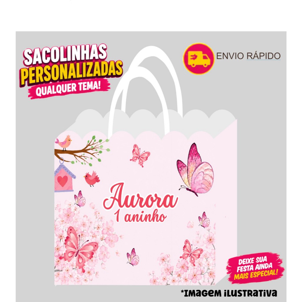 Sacolinha BORBOLETAS ROSA Personalizados | Sacolinha | Lembrancinha | Mimos | Aniversário (PEGUE E MONTE)
