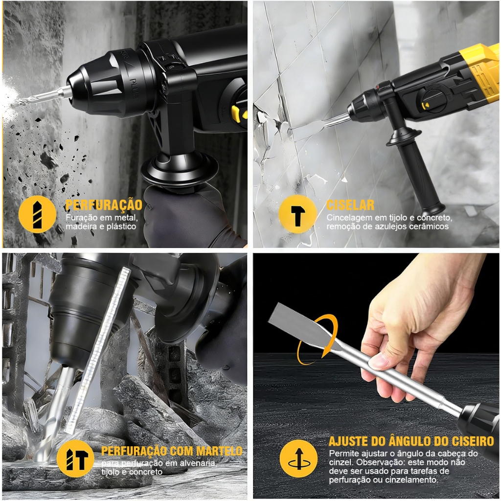 Martelete Rotativo Furadeira Martelo 980W DEWEN 3 em 1 Rompedor com 3 Modos Profissional Com Acessorios — imagem 2 de 2