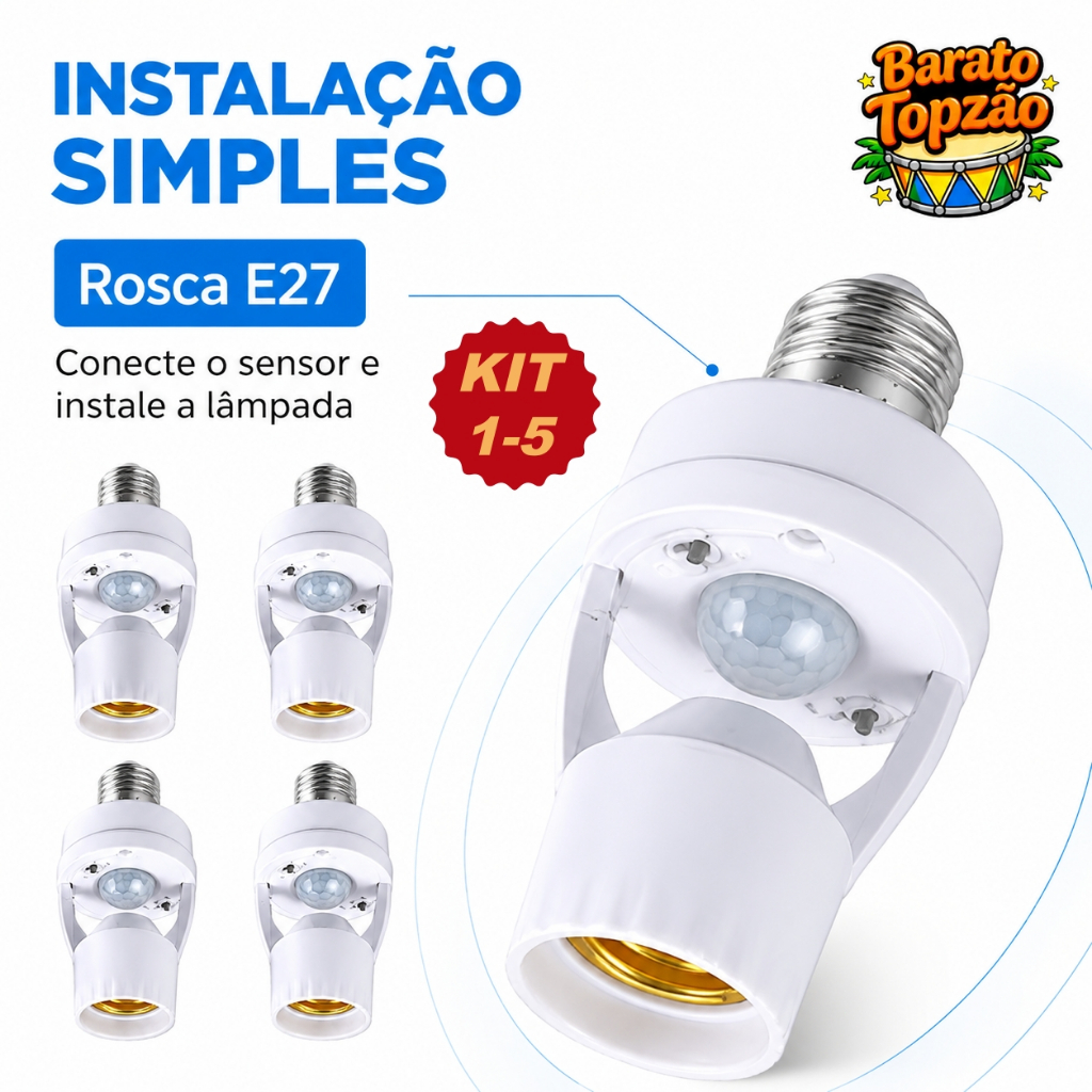 Kit 5 Sensor de Presenca com Fotocelula Soquete  60W Sensor de Movimento Lampada - Envio ImediatoE27 Bivolt Max