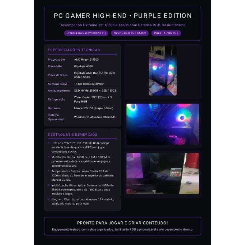 PC Gamer Ryzen 5 5500 | RX 7600 8GB | 16GB RAM | Water Cooler | Gabinete Mancer 