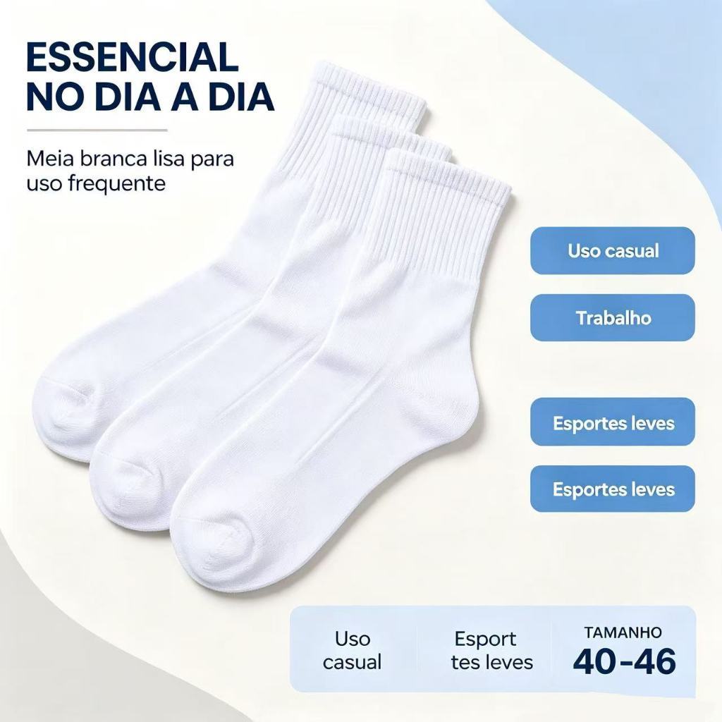 Kit Meias Cano Alto Brancas Masculinas 1 3 6 Pares Tamanhos 40 ao 46 Casual Versátil