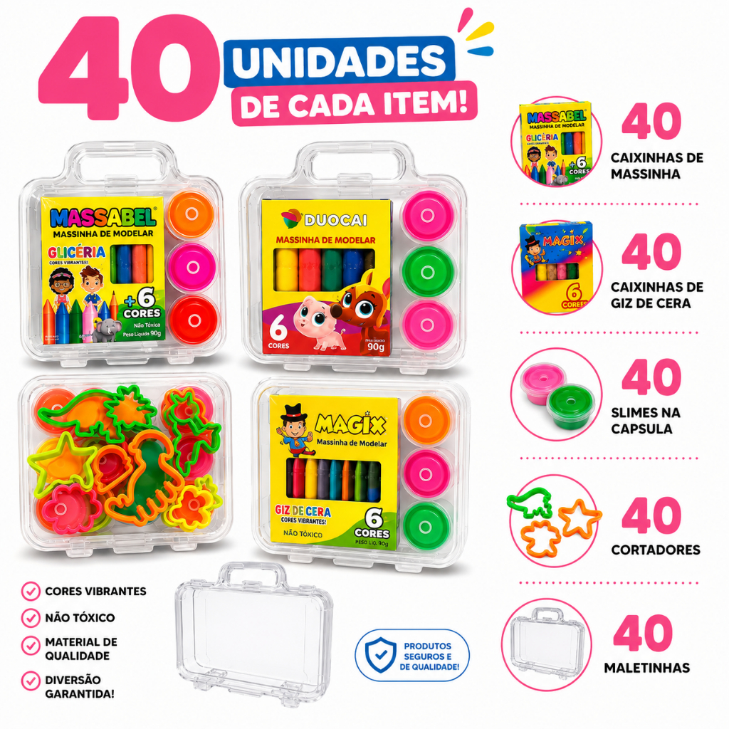 40 Maleta Acrilica+ 40 Cortadores+ 40 Massinha De Modelar+ 40Geleca Slime + 40 Giz Mini Lembrancinha