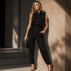 Macacão Feminino Cristani Luna Longo com Bolsos Botões Frontais Elástico na Cintura Casual Elegante P M G