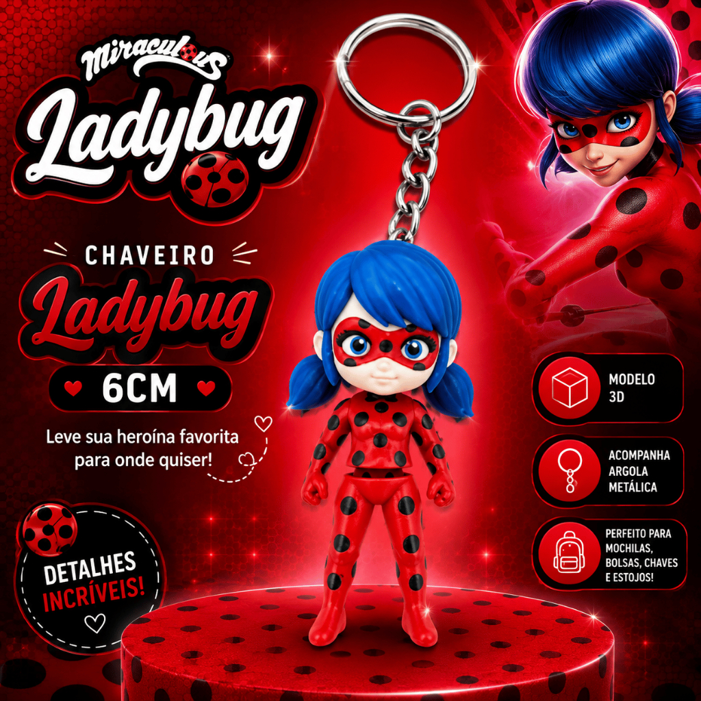 Chaveiro Ladybug Miraculous 6cm | Pingente 3D para Mochila, Bolsa, Estojo e Chaves
