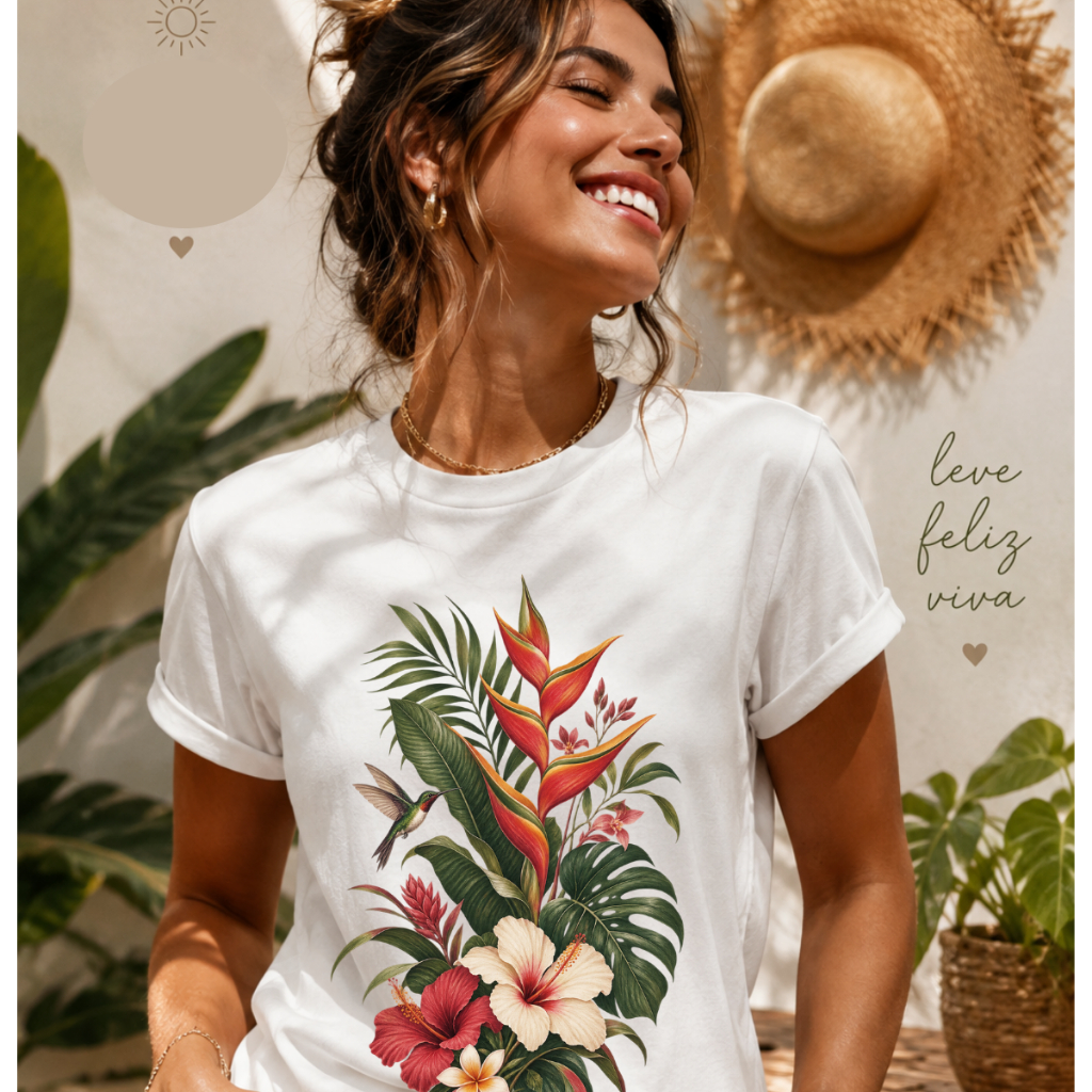 Camiseta Feminina Floral Tropical 100% Algodão Estampa Flores e Beija-Flor T-Shirt Feminina Confortável