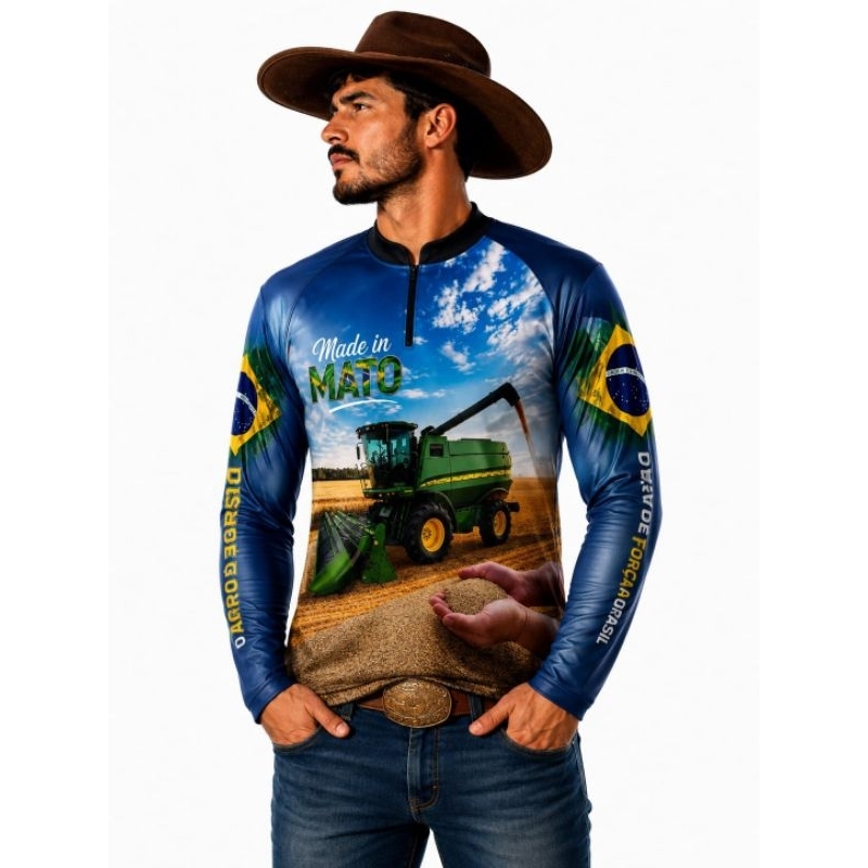 Camiseta Masculina Manga Longa Agro Country Proteção Solar UV Trabalho Rural Rodeio Pesca Trilha Academia Confortável