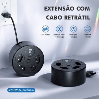 COIBEU Tomada retrátil com 4 tomadas 2 USB A e 1 USB C leve compacta portátil com proteção sobrecarga bivolt 2200W