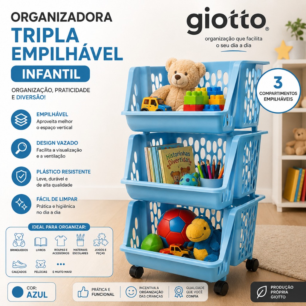 Organizadora Triplo Empílhavel Azul Infantil Detalhes Vazado  Fruteira organizador utensilios quarto